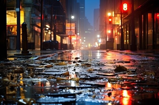 City street with broken asphalt and puddles after heavy rain at night