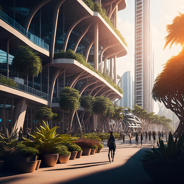 A city street with a building with plants on it and a woman walking in the distance.