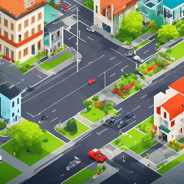 city street with car road intersection and houses