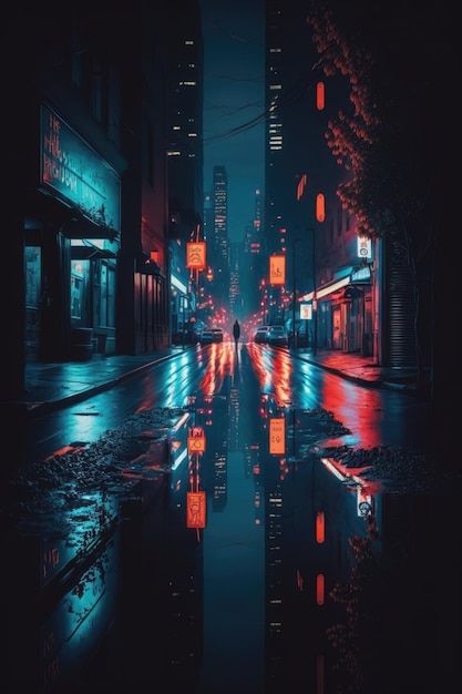 City street with cars buildings and neon lights created using generative ai technology