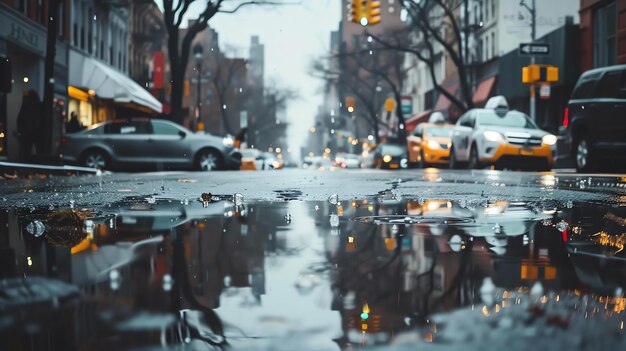 雨の後湿ったアスファルトの池に映る車や建物の街