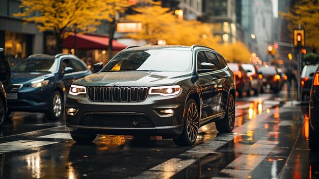 A city street with cars driving