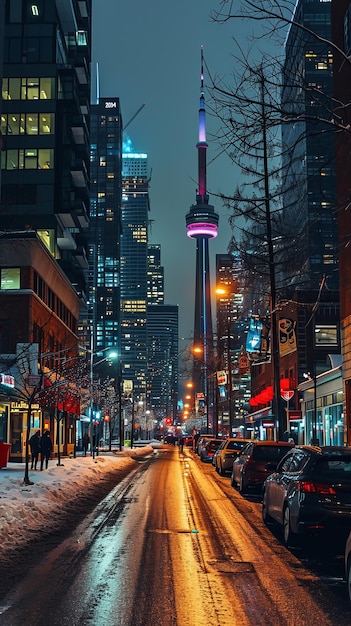 Photo a city street with cars and a tower in the background