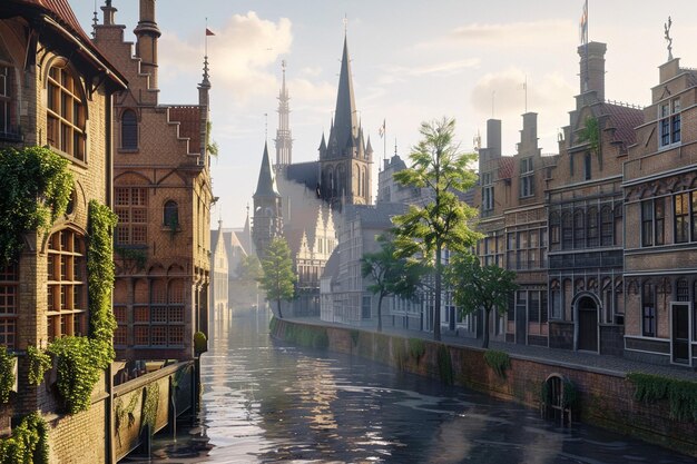 A city street with a church and a church in the background