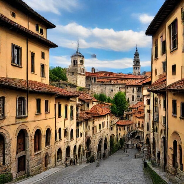 Photo a city street with a church and a church in the background