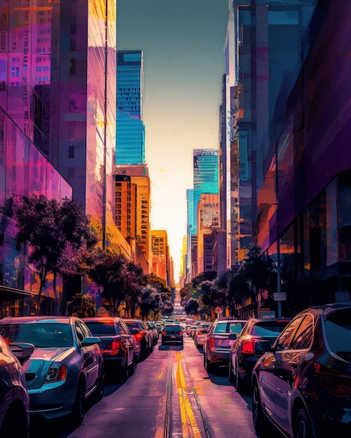 A city street with a cityscape and a street with cars on it.