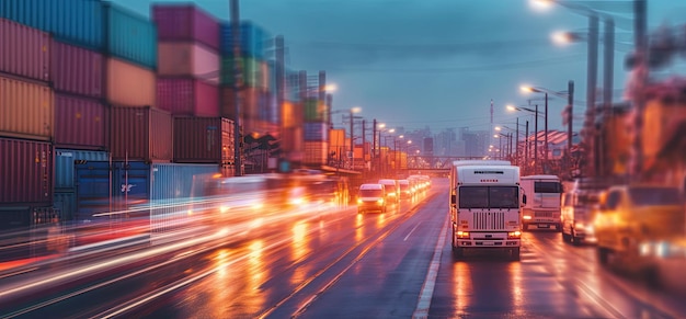 A city street with a container on the side and a truck on the right