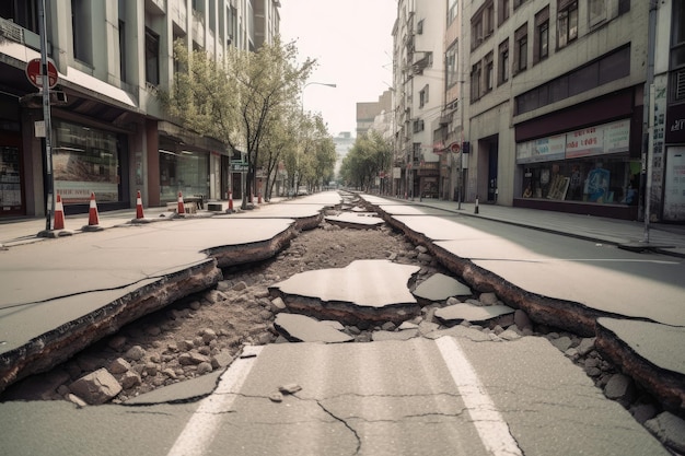Городская улица с разрушенной асфальтовой дорогой после стихийного бедствия Генеративный ИИ