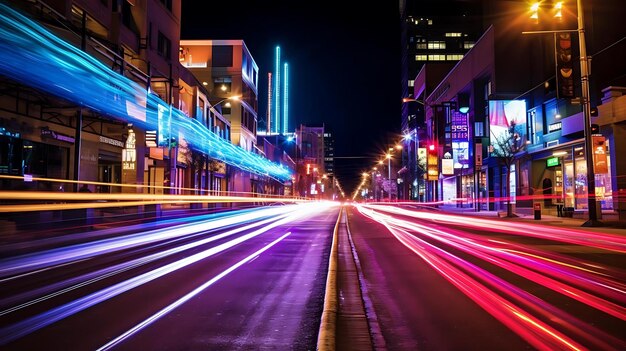 A city street with the lights on