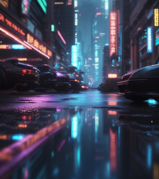 A city street with neon lights and a car parked on the street.