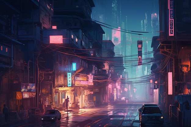 A city street with neon signs and a man standing in the middle of the street.