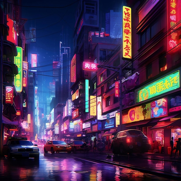 A city street with neon signs that say'chinese'on it