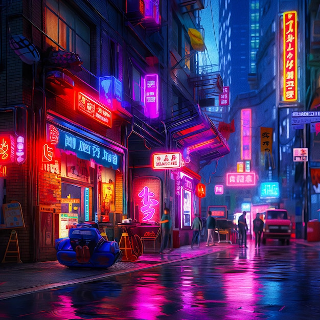 A city street with neon signs that say phalanx.