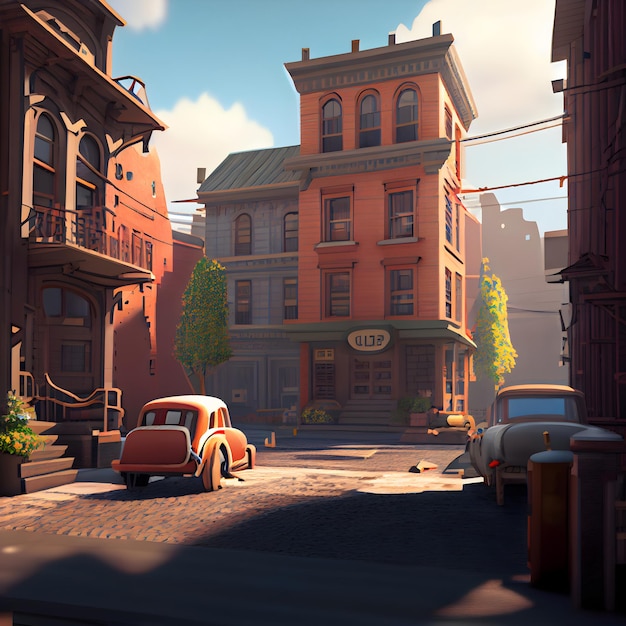 Photo city street with old buildings and cars3d render illustration