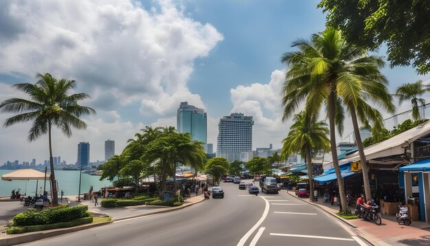 a city street with palm trees and a city in the background