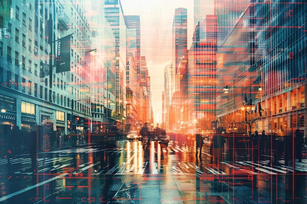 A city street with people walking and cars driving