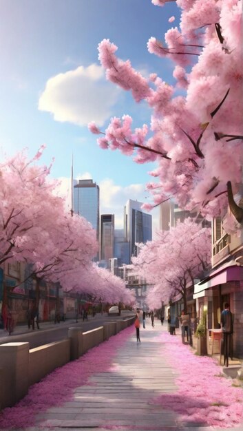 a city street with a pink sign that says cherry blossom