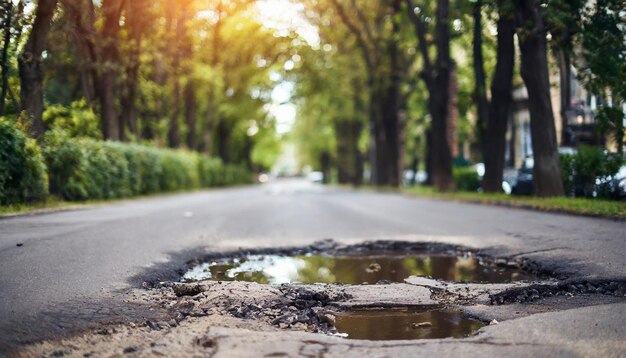 損傷したアスファルト舗装の時間の磨損を明らかにする穴のある街