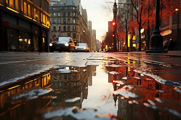 Photo city street with puddles after rain capturing the rainsoaked holes and potholes on the road the road surface needs repair