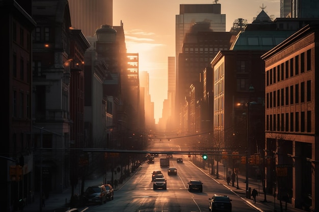 A city street with a sunset in the background