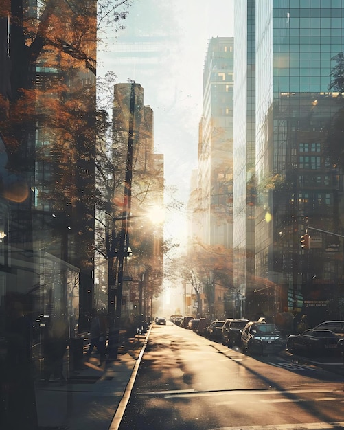 a city street with tall buildings in the background