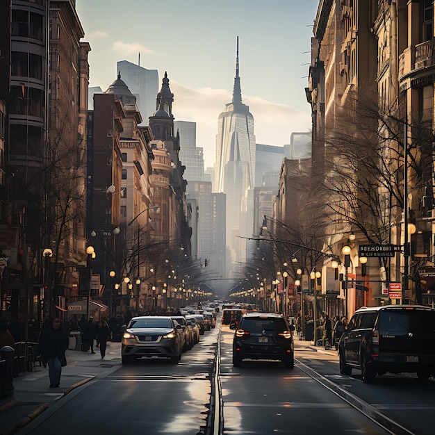 뉴욕시의 음소거 된 색조의 삶의 스타일로 고층 건물이있는 도시 거리 미국