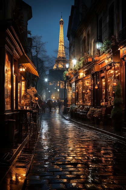 a city street with a tower in the background