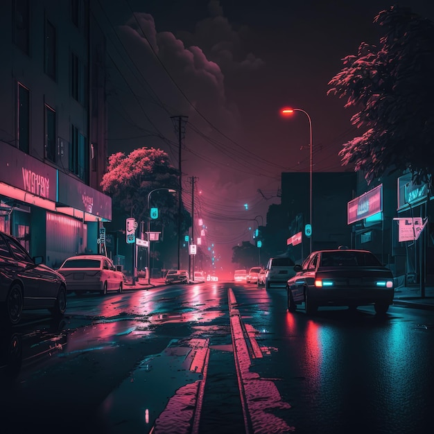 City street with trees cars buildings and neon lights created using generative ai technology