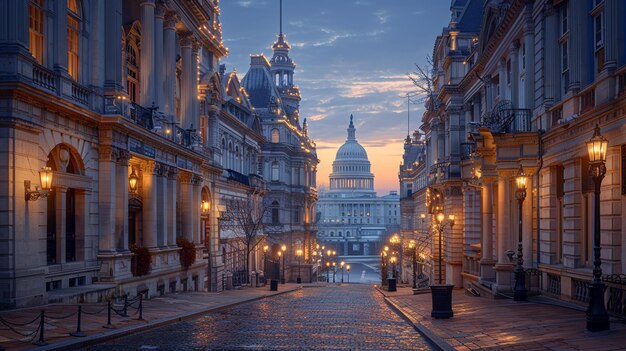 city street with a view of the capitol building HD 8K wallpaper Stock Photographic Image