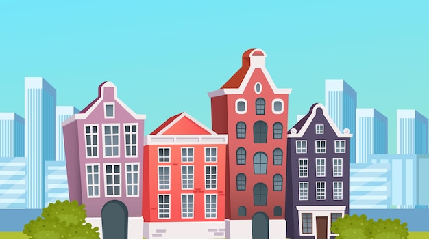 Strada della città con case d'epoca, facciate di cartoni animati, vecchia illustrazione vettoriale del paesaggio urbano