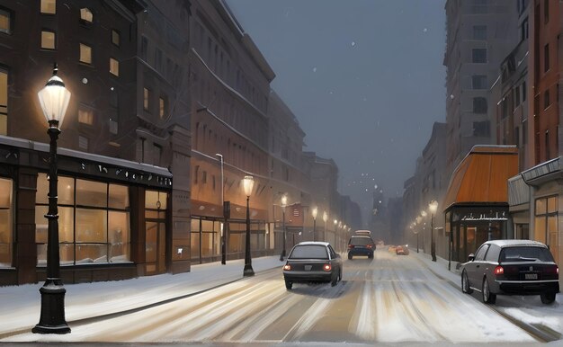 City streets with snow in winter