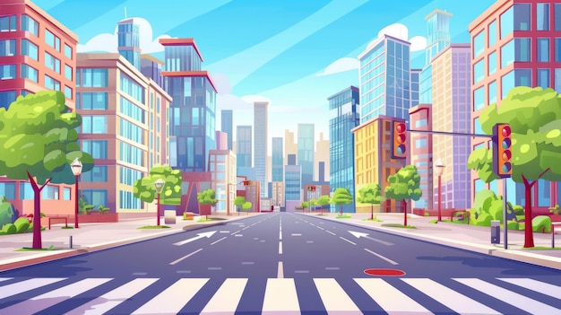 A city streetscape with a crossroads and multistory buildings a road with crosswalks and traffic lights Modern illustration of a cityscape with highrise buildings