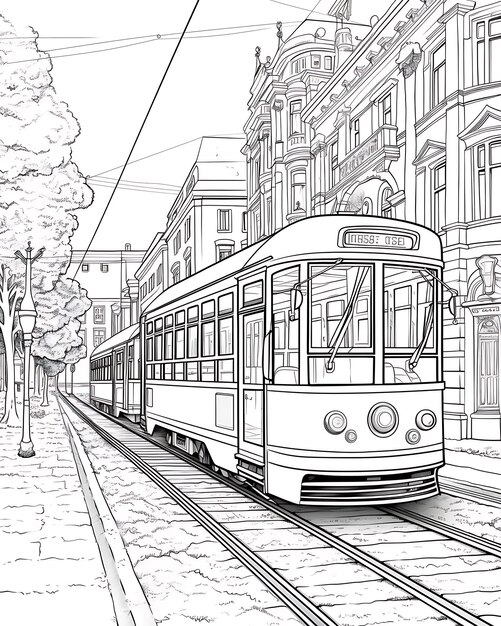 Photo city style coloring page with a tram