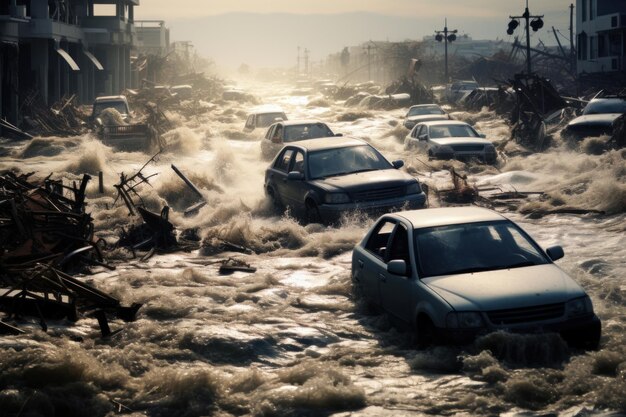 津波の後市は水中に沈み車は水中に浸水した