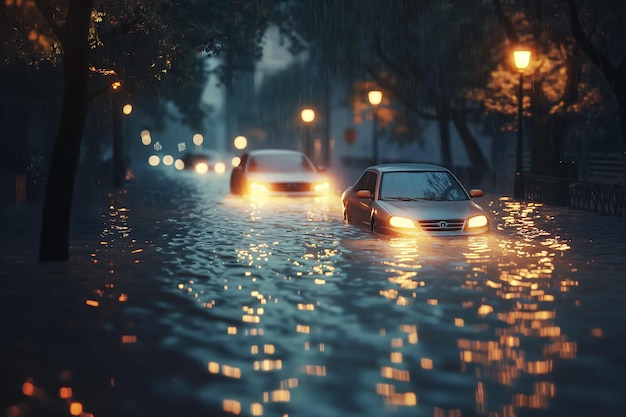 A city submerged in floodwater with several cars cautiously navigating through the flood