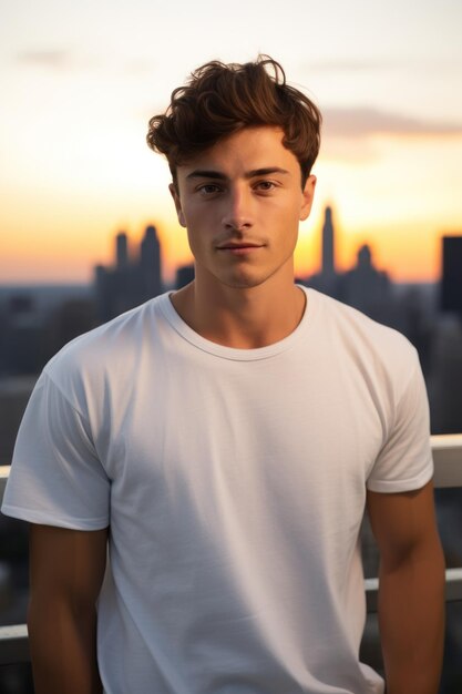 City Sunset Rooftop Mockup Male Model in Blank White T Shirt