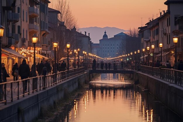 a city at sunset with a boat in the water