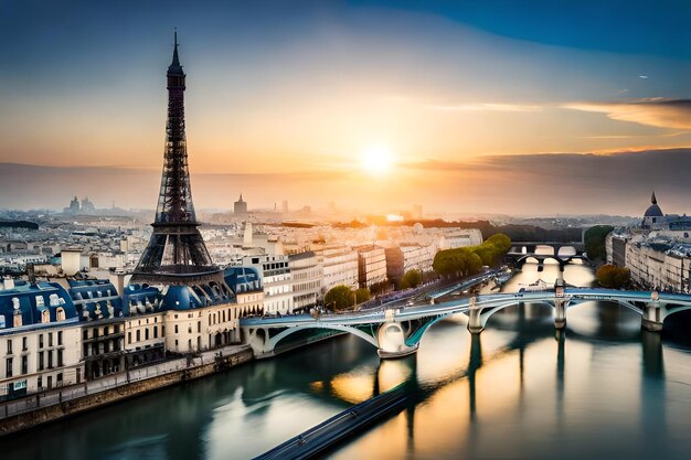 A city at sunset with a bridge and a bridge in the foreground