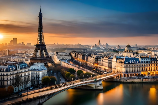 a city at sunset with a bridge in the foreground