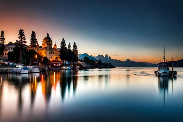 a city at sunset with a lake and mountains in the background.