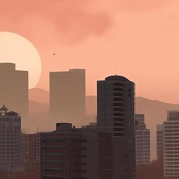 A city at sunset with skyscrapers