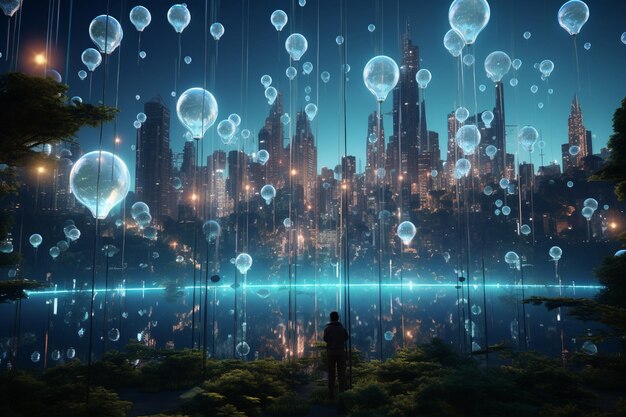 City suspended by bioluminescent balloons