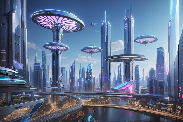 City of tomorrow a futuristic urban masterpiece with neon lights towering structures and advanced technology