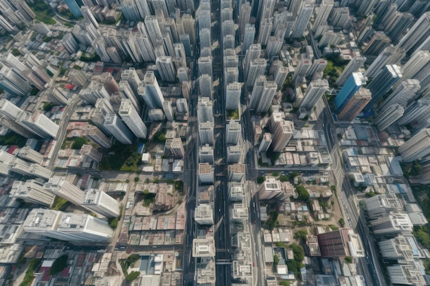 ドローンによる高層ビルの都市平面図 香港市 香港上空を飛ぶ空撮都市景観 都市開発の建物 エネルギー 電力インフラ 金融およびビジネスセンター アジア