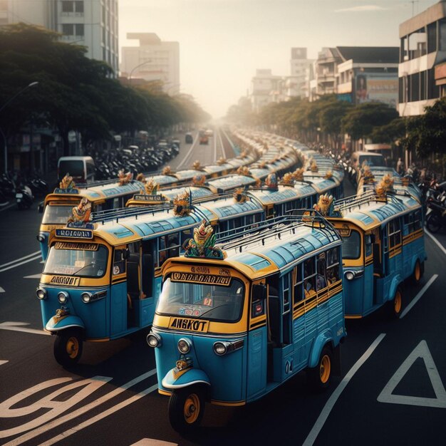 Photo city transportation carry cars blue on top yellow on the bottom