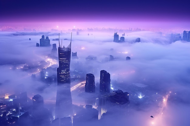 A city veiled in mist during the night