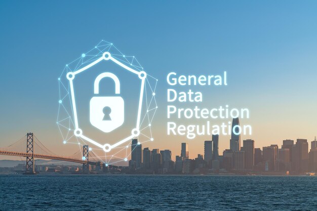 City view Bay Bridge and San Francisco Skyline Panorama from Treasure Island sunset California United States GDPR hologram concept of data protection regulation and privacy for all individuals