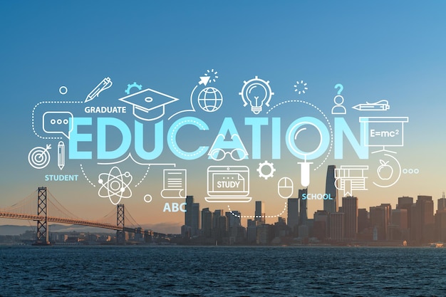city view bay bridge and san francisco skyline panorama from treasure island sunset california united states technologies education concept academic research top ranking university hologram