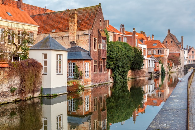 City view of Bruges canal with beautiful houses