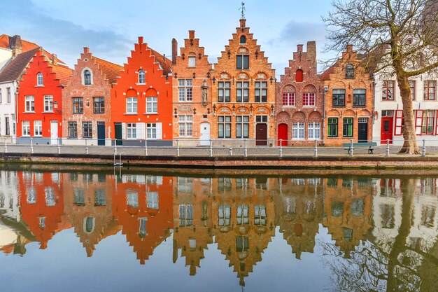 City view of Bruges canal with beautiful houses